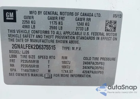 2013 Chevrolet Equinox Ltz из США, поврежденный, VIN 2GNALFEK2D6375515